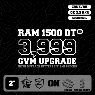 RAM 1500 DT Hurricane — 3,999kg GVM Upgrade, 2" Lift, OK 2.5" Shocks, Rear 500kg+ Coils, Airbags — Outback Kitters package graphic