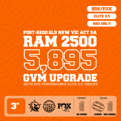 RAM 2500 — 5,895kg GVM Upgrade, 3" Lift, Fox 2.5" Shocks, Coils, Airbags — Outback Kitters package graphic