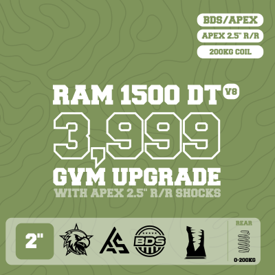 RAM 1500 DT V8 — 3,999kg GVM Upgrade, 2" Lift, APEX 2.5" Shocks, UCA, Front 100kg Coil, Rear 200kg Coil — Outback Kitters package graphic