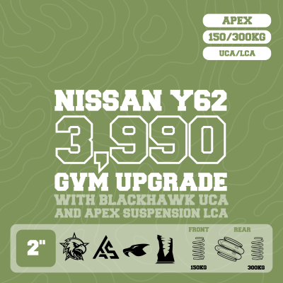 Nissan Patrol Y62 — 3,990kg GVM Upgrade, 2" Lift, UCA, Front 150kg Coil, LCA Rear 300kg Coil, Airbag — Outback Kitters package graphic