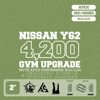 Nissan Patrol Y62 — 4,200kg GVM Upgrade, 2" Lift, Front Axle Upgrade, UCA, Front 150kg Coil, LCA, Rear 400kg Coil, Airbag — Outback Kitters package graphic