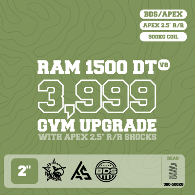 RAM 1500 DT V8 — 3,999kg GVM Upgrade, 2" Lift, APEX 2.5" Shocks, UCA, Front 100kg Coil, Rear 500kg Coil — Outback Kitters package graphic