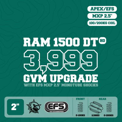 RAM 1500 DT Hurricane — 3,999kg GVM Upgrade, 2" Lift, EFS MXP 2.5" Monotube, Front 100kg Coils, Rear 200kg Coils — Outback Kitters package graphic