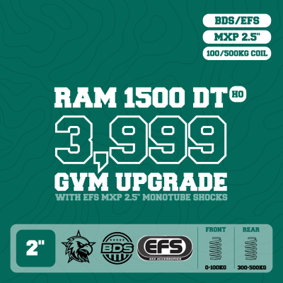 RAM 1500 DT Hurricane — 3,999kg GVM Upgrade, 2" Lift, EFS MXP 2.5" Monotube, Front 100kg Coils, UCA, Rear 500kg Coils — Outback Kitters package graphic