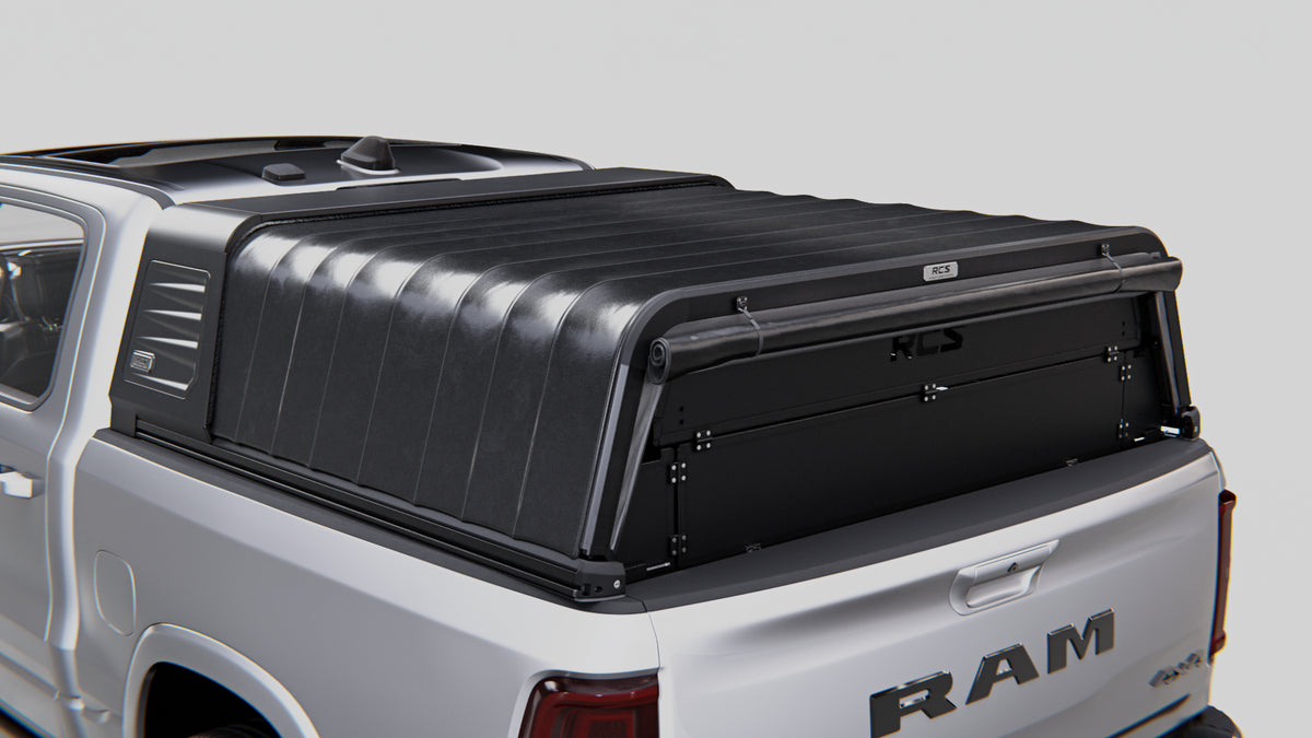 RCS canopy for RAM 1500 (DS/DT 2021–Present) with optional rear security screen — canopy and other accessories sold separately